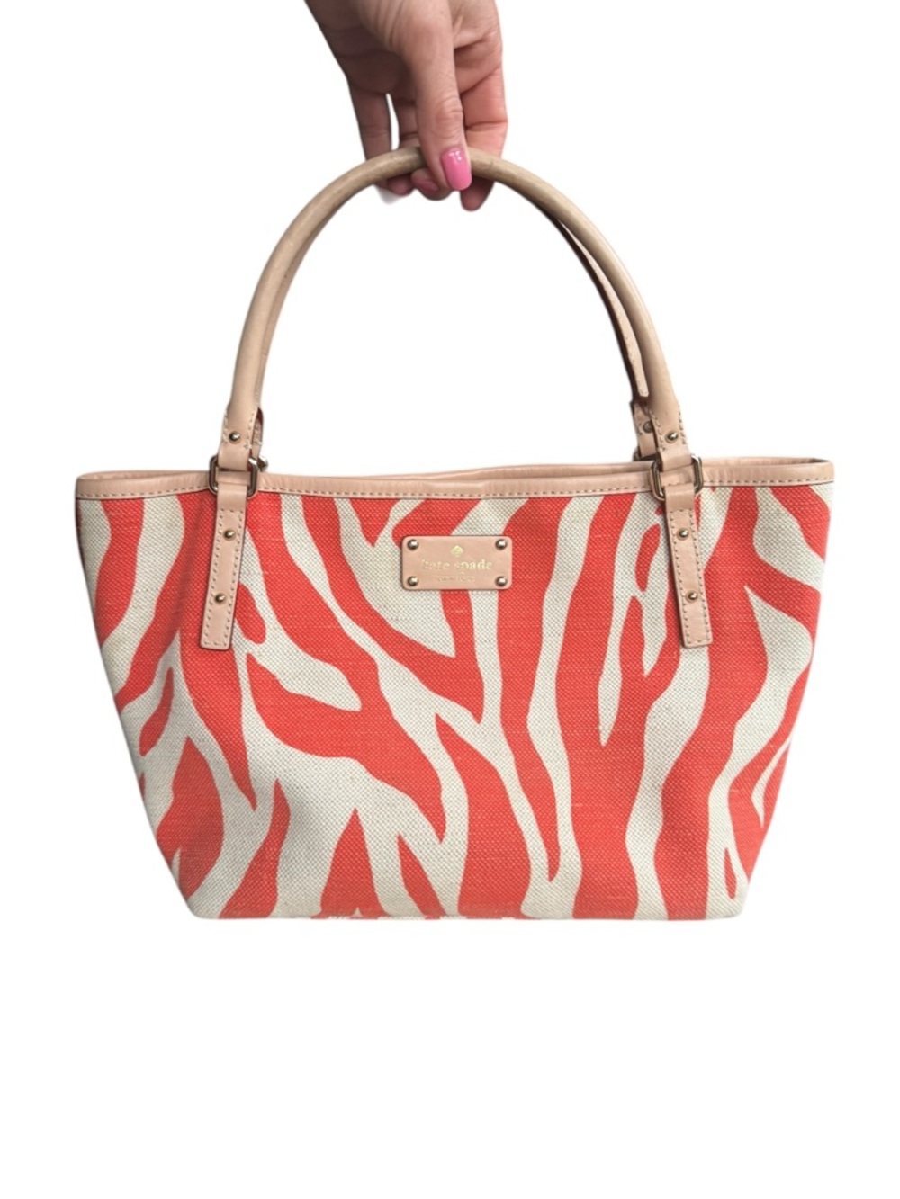 “Kate Spade New York Zebra Print Canvas Tote Coral Pink Leather Trim Handbag.”